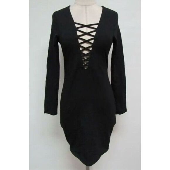 EXPRESS Sz Small BLACK CRISS CROSS LONG SLEEVE COTTON STRETCH KNIT DRESS - Picture 1 of 7